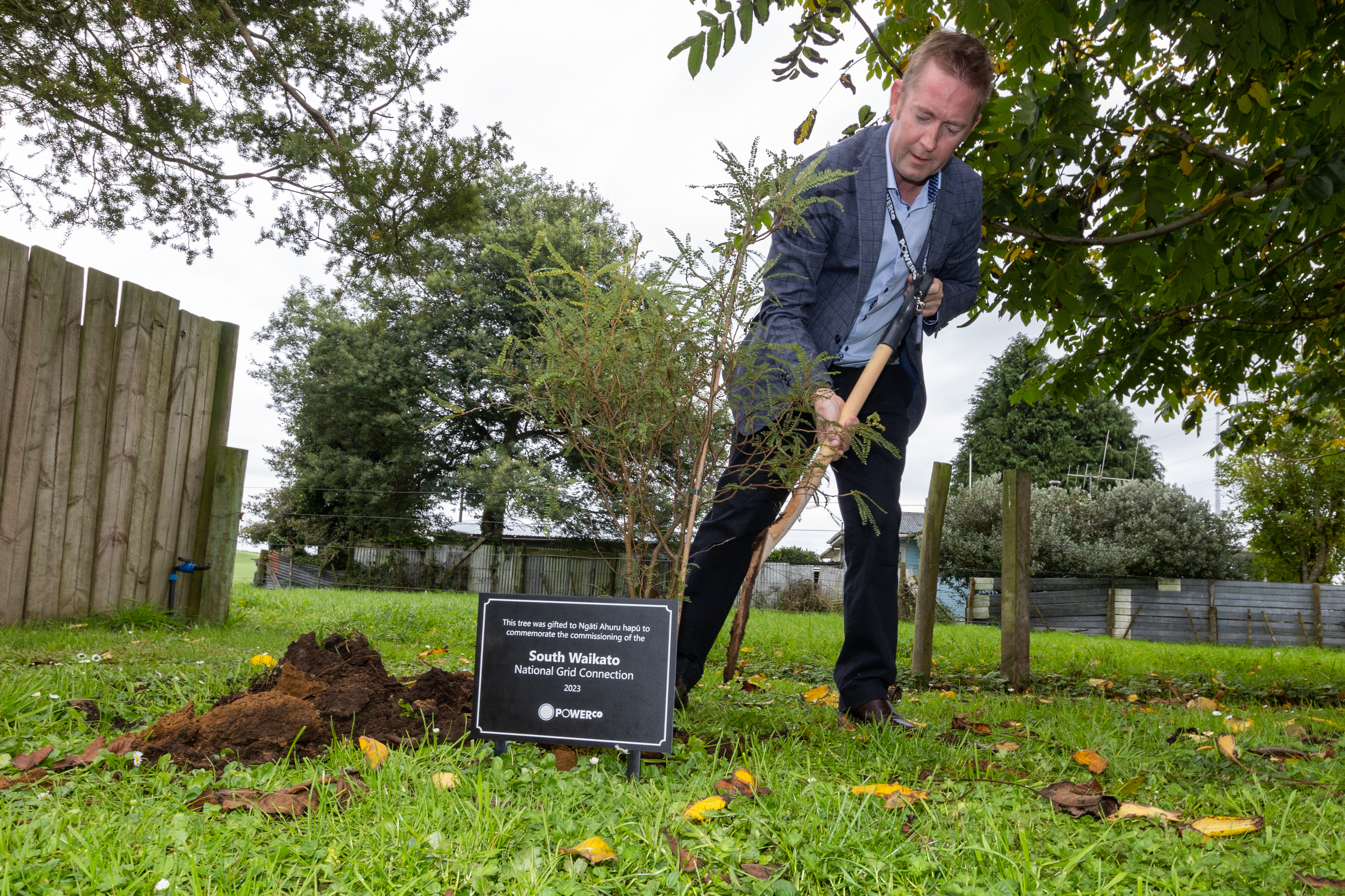 Powerco CEO James Kilty planting a kōwhai