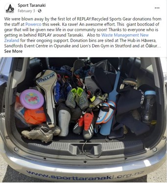 Social media post showing bootload of donated sports equipment.