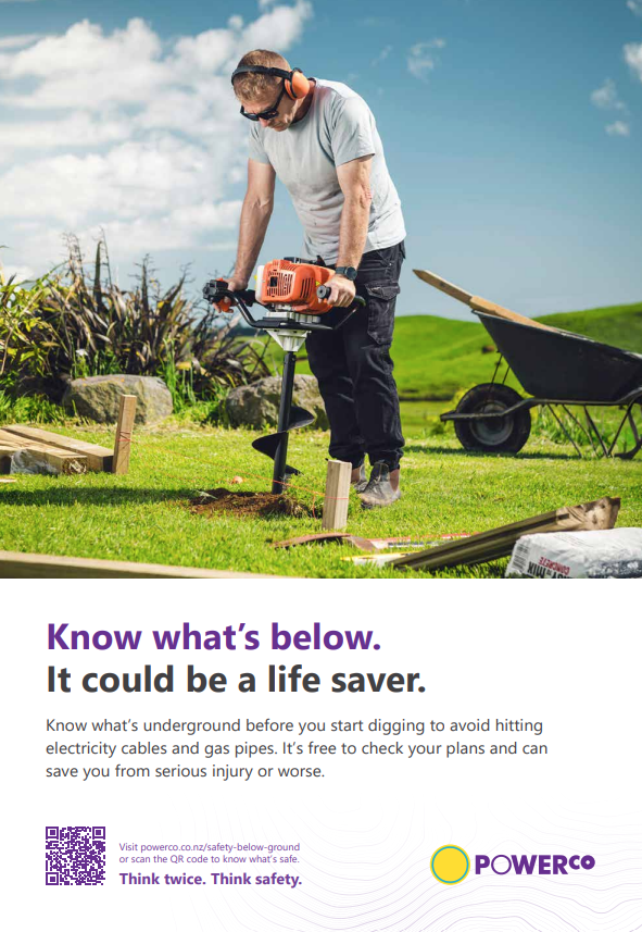 An advertisement with a man digging, with words urging peole to know what's below before digging.