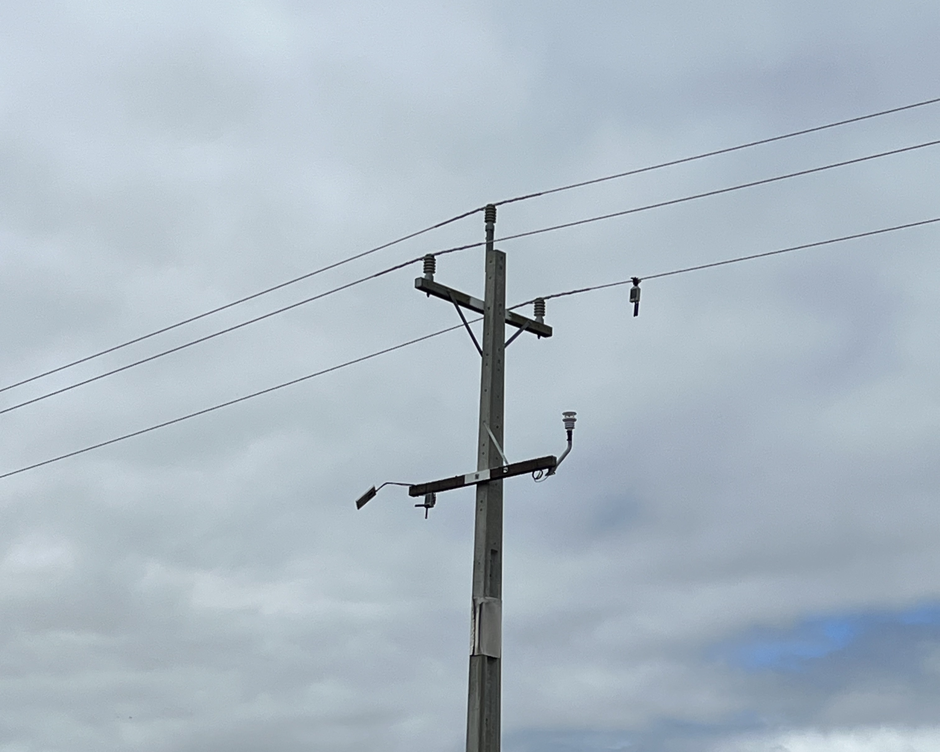 Power pole and lines with a small rectangular device hanging on one of the lines.