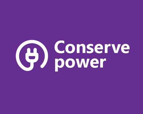 Purple graphic with white writing that says Conserve power