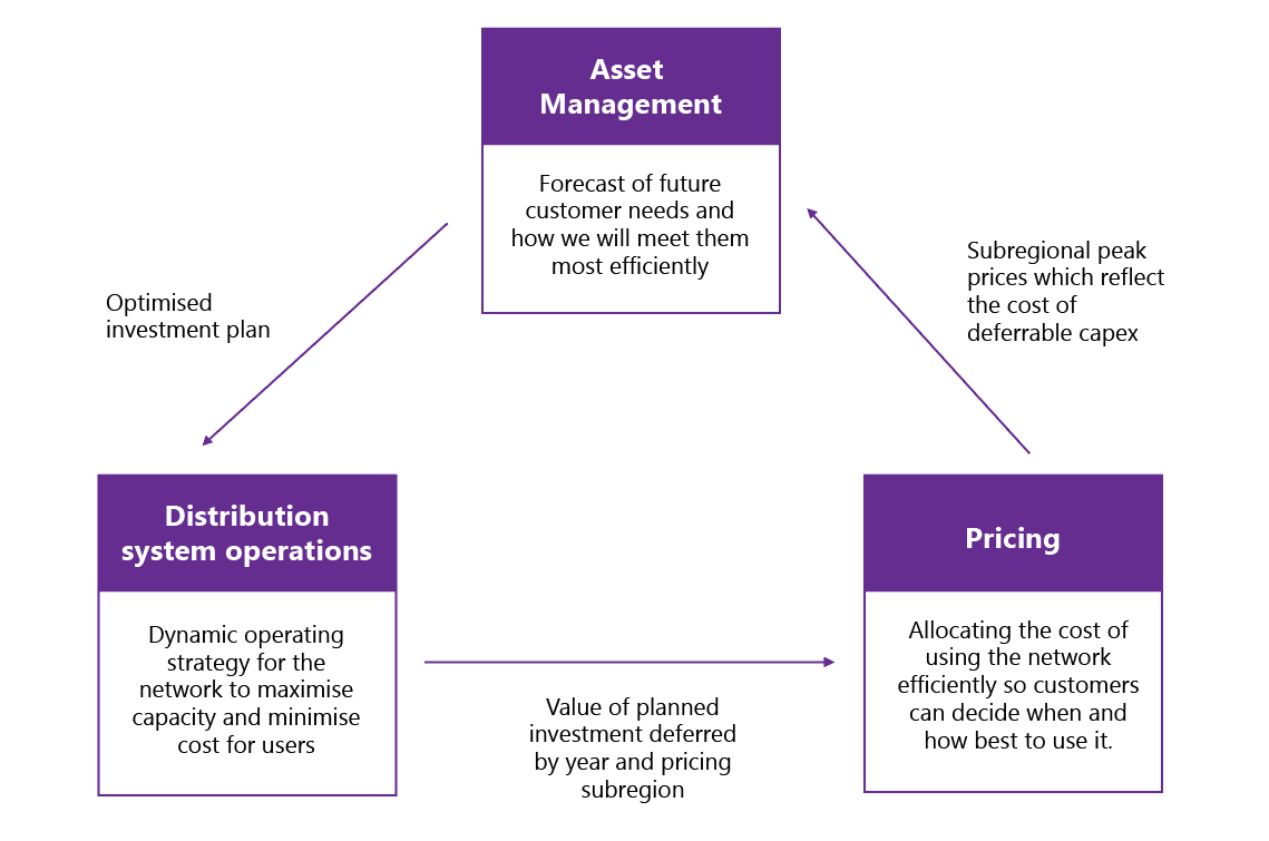 Diagram showing the relationship between asset management planning, pricing and distributed system operations.