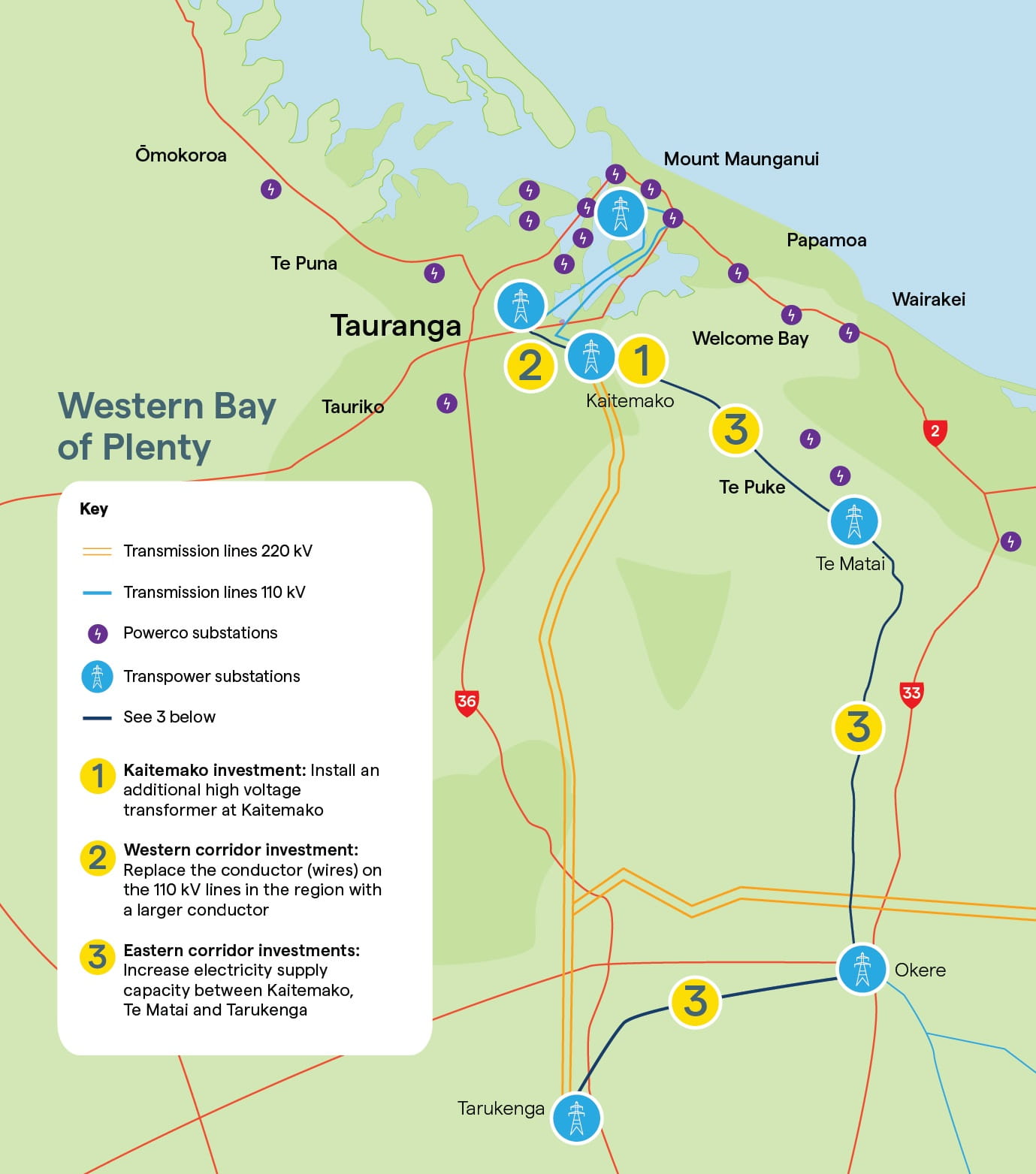 A illustrative map of where Transpower's Commerce Commission funding will cover in western Bay of Plenty.