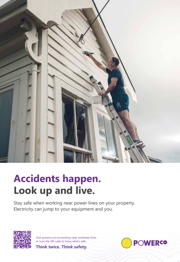 An advertisement with a picture of a man up a ladder painting the front of a house near a power line.