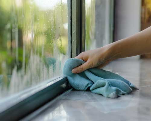 Person wiping condensation off windowsill