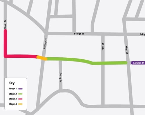 A map of Eltham, Taranaki, showing the route of a gas mains renewal project.