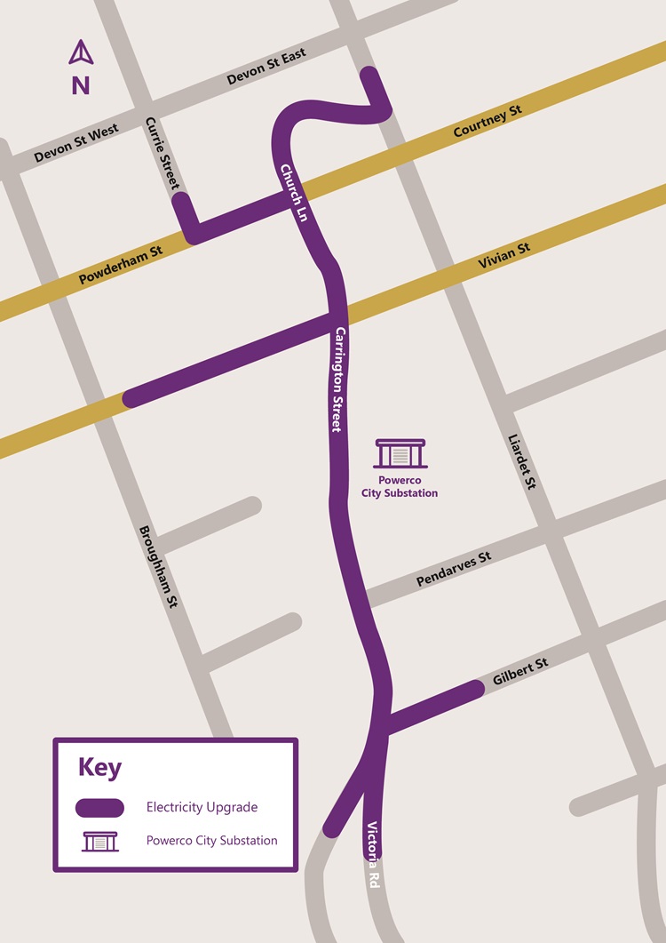 Digital map showing the area of works in central New Plymouth