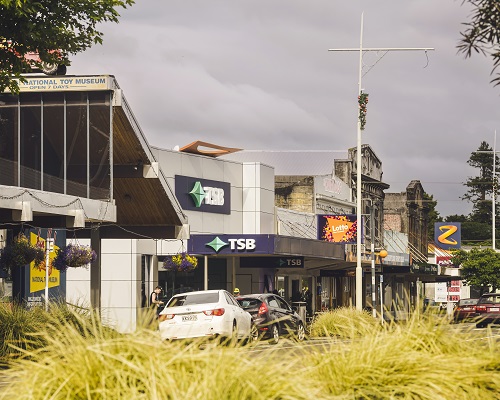 Street view of one of the central shopping streets, with shops, in Inglewood, Taranaki.