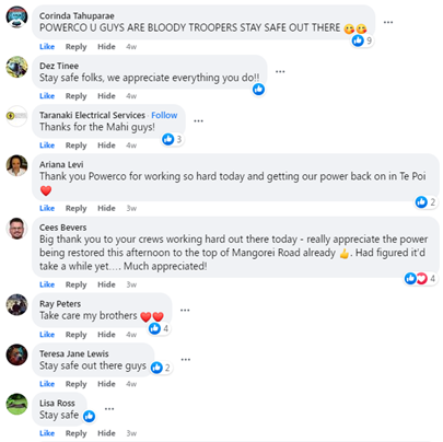 Facebook public messages saying thanks to Powerco during Cyclone Gabrielle