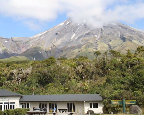 Stratford Mountain House with Mt Taranaki in the background.