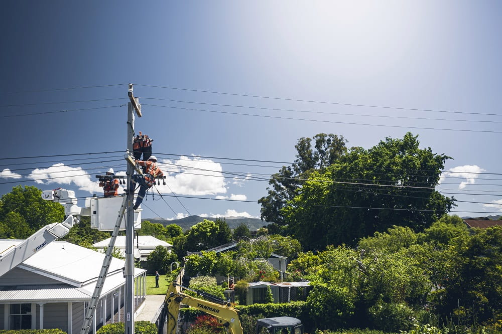 Drone footage of crews up poles in Greytown