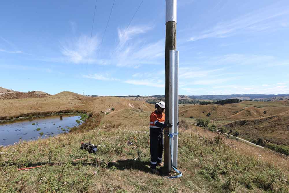 Field crew reinforcing a wooden pole