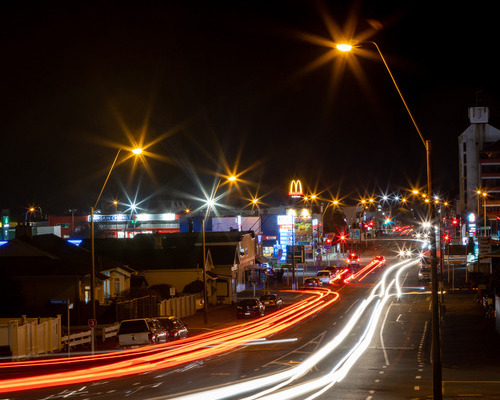Long exposure of a CBD street at night