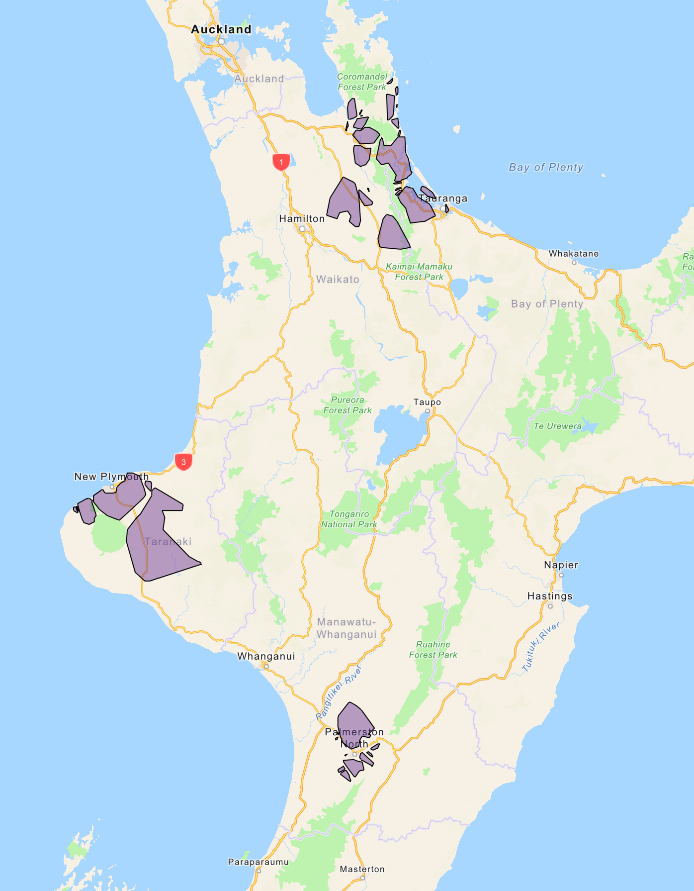 Map of flight areas for 2023 on Powerco's network