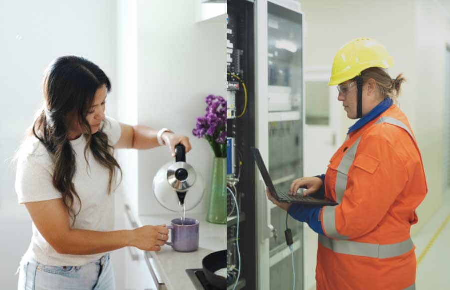 woman pouring water from jug and woman plugging laptop into computer system