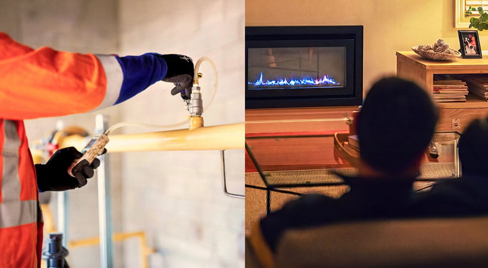 people sitting on couch in front of gas fire